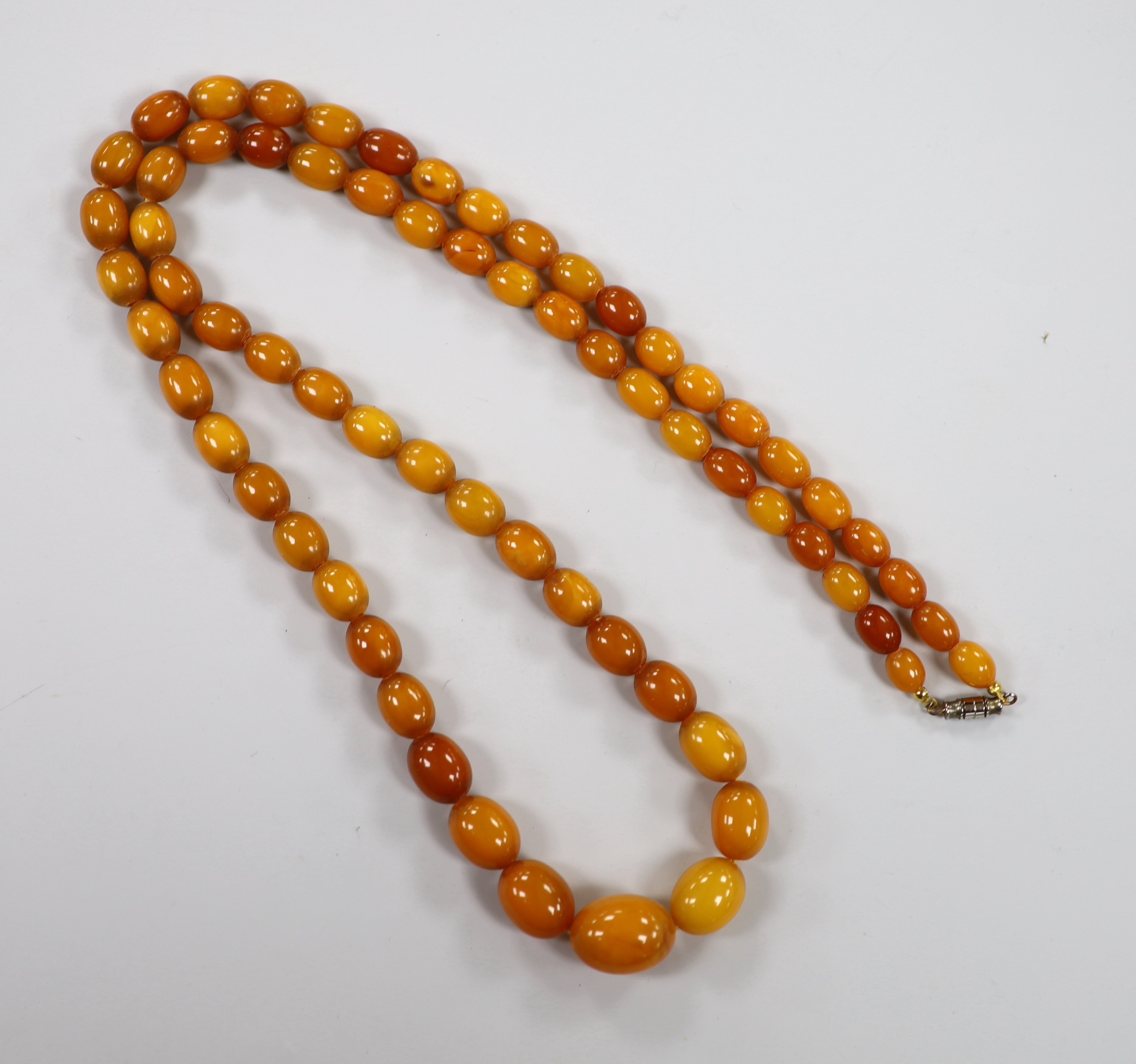 A single strand graduated oval amber bead necklace, 88cm, gross weight 56 grams.